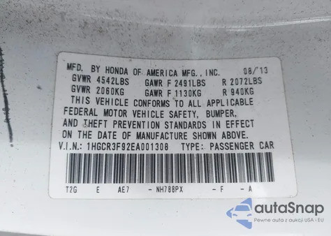 2014 Honda Accord Touring z USA, uszkodzony, nr VIN 1HGCR3F92EA001308